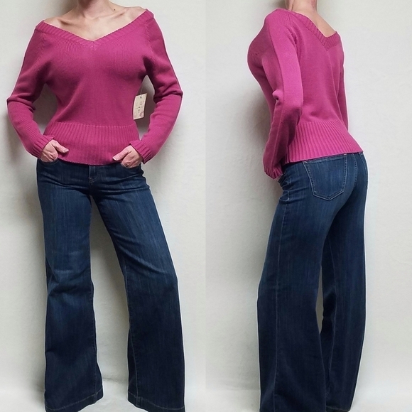 VINTAGE Deadstock 90s Derek Heart Pink Knit Off-Shoulder Long Sleeve Sweater L - Picture 1 of 14